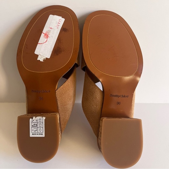 SeeByChole Liana Nude Brown Suede Women's 6 Mules Sandals Block Heel Crisscross - Picture 5 of 7